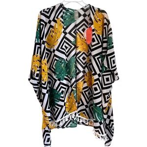 As Rose Rich Tropical Leaf Kimono Wrap Cover Up Womens Medium Black White NWT